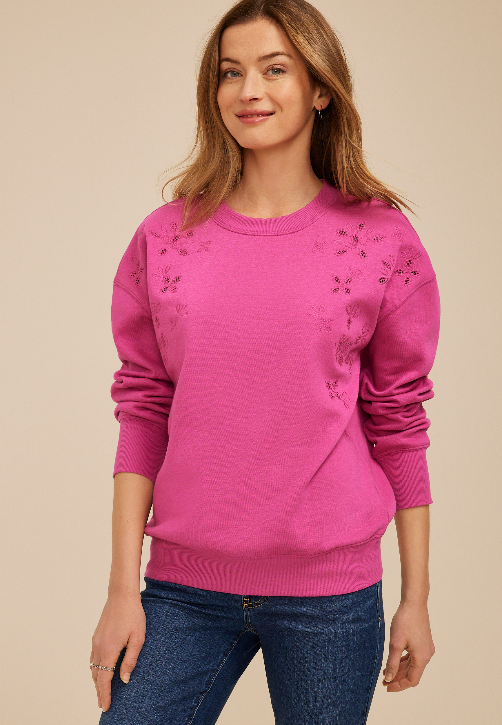 Floral Embroidered Crew Neck Sweatshirt