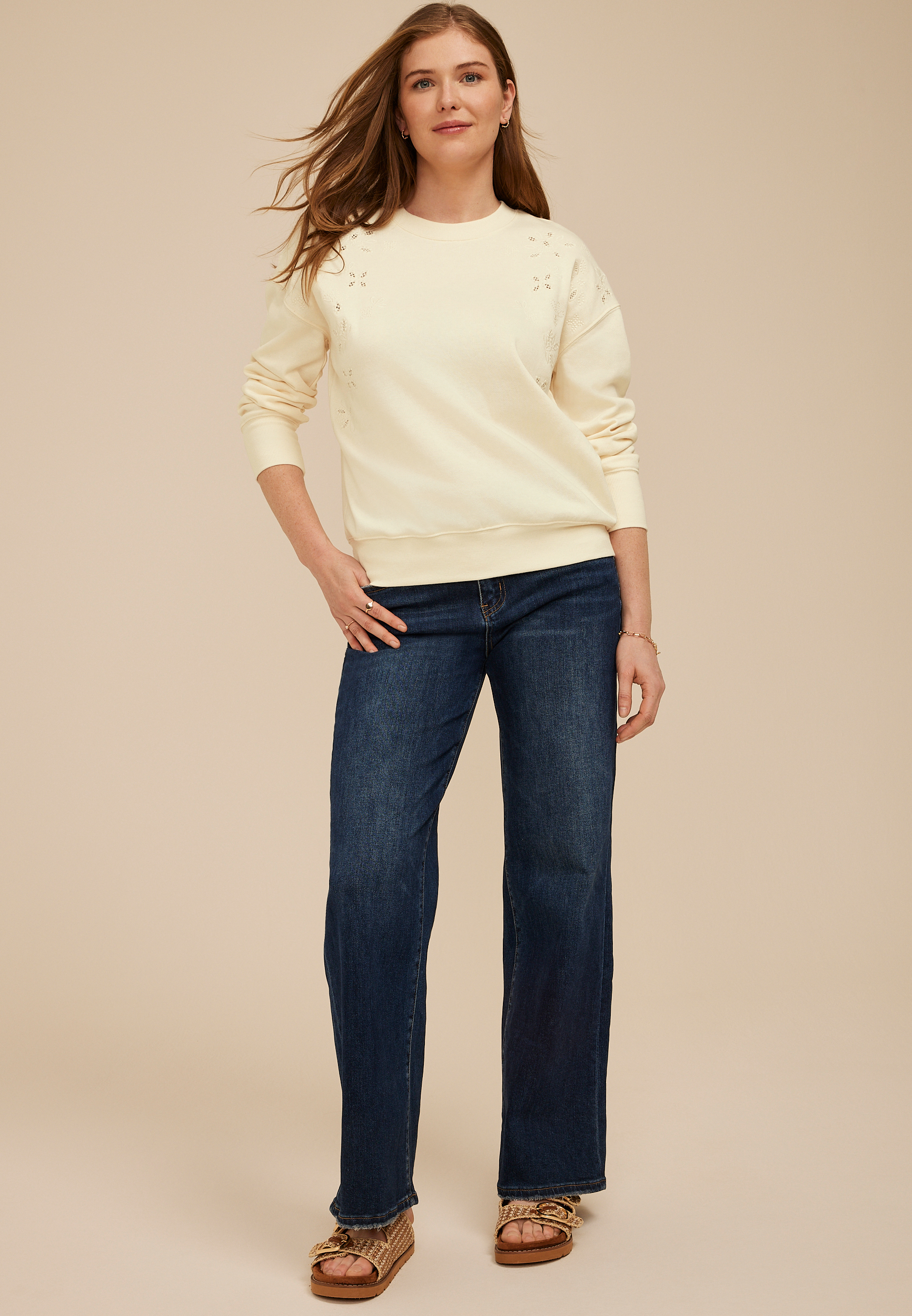 Floral Embroidered Crew Neck Sweatshirt, C8232, large