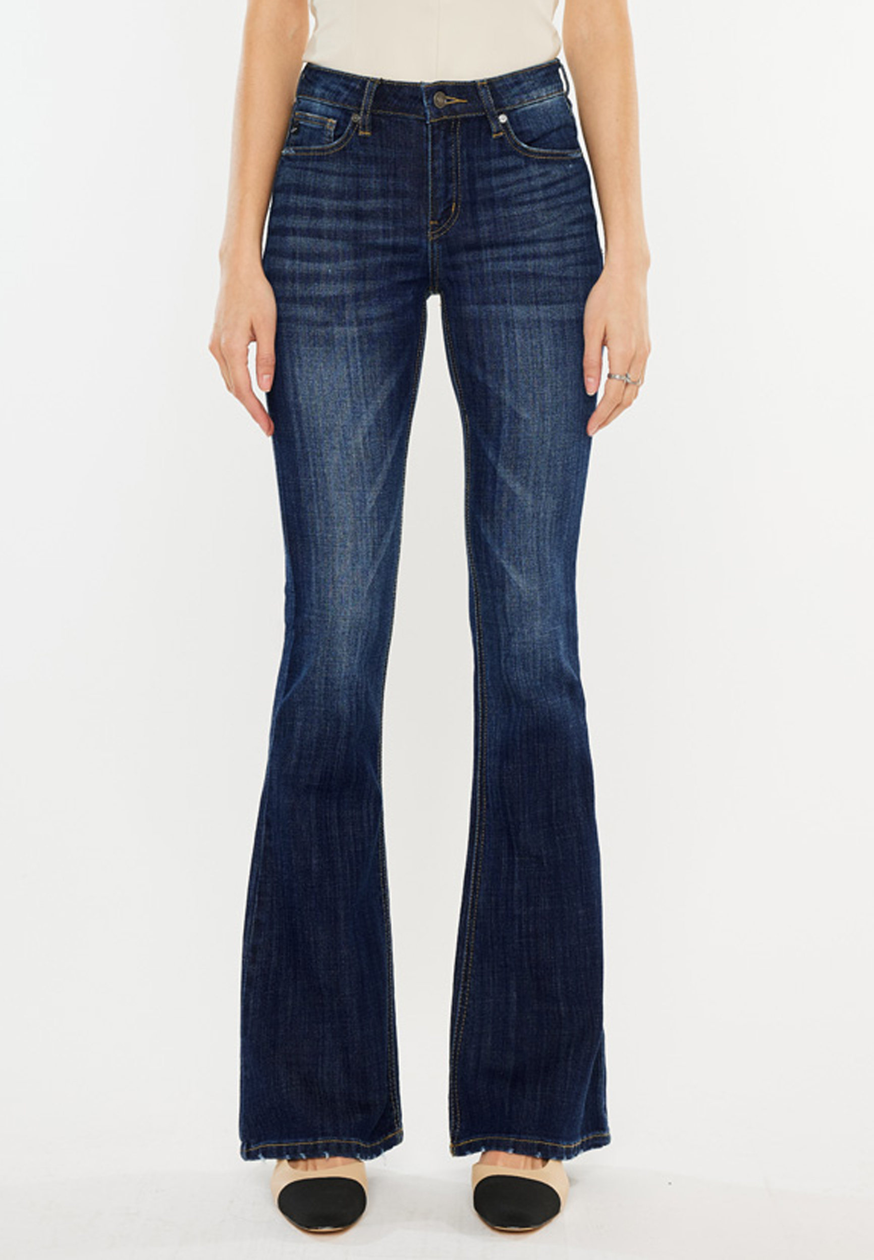 KanCan&trade; Dark Mid Rise Flare Jean, DARK SANDBLAST, large