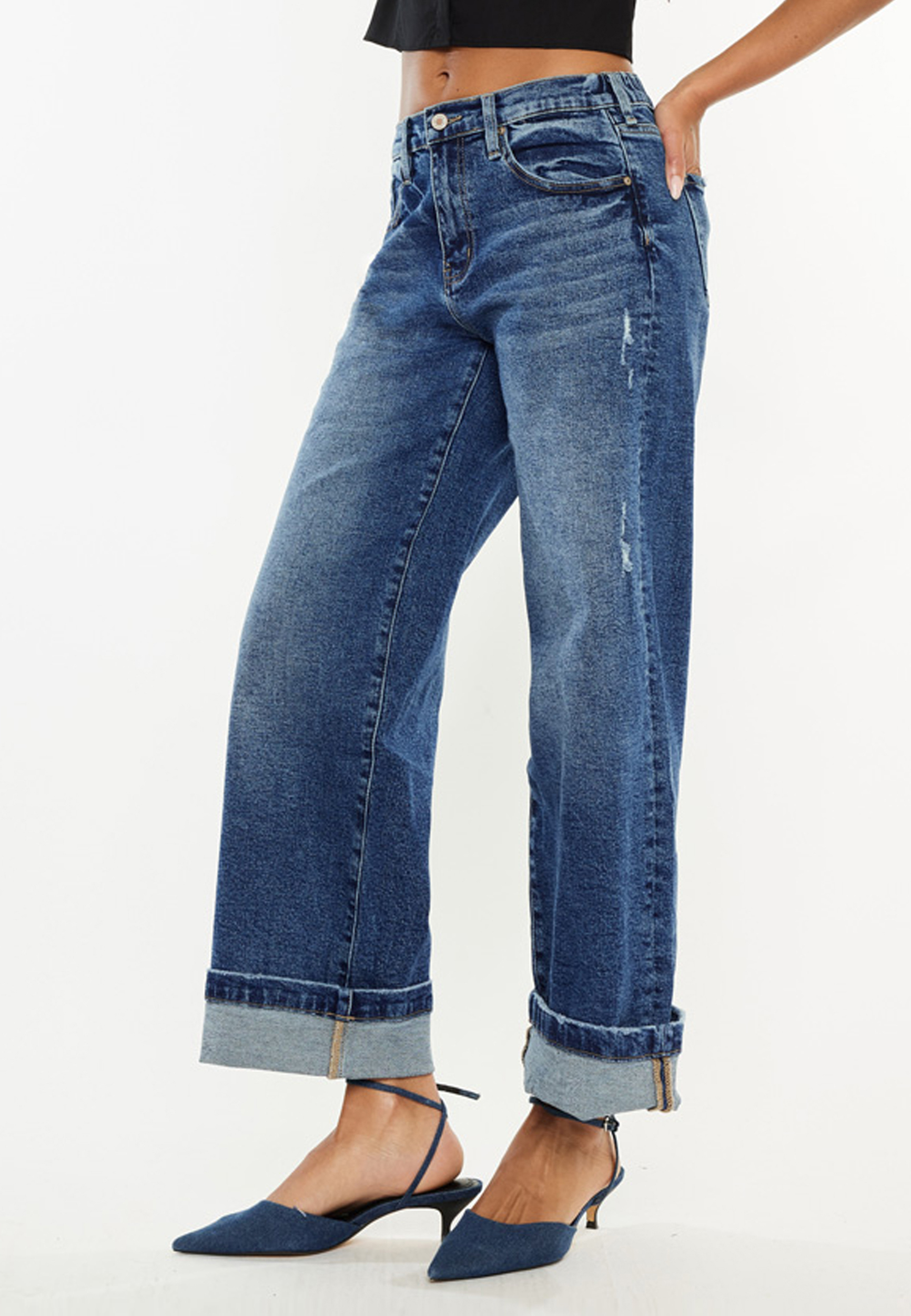 KanCan&trade; High Rise Cuffed Wide Leg Ankle Jean, DARK SANDBLAST, large