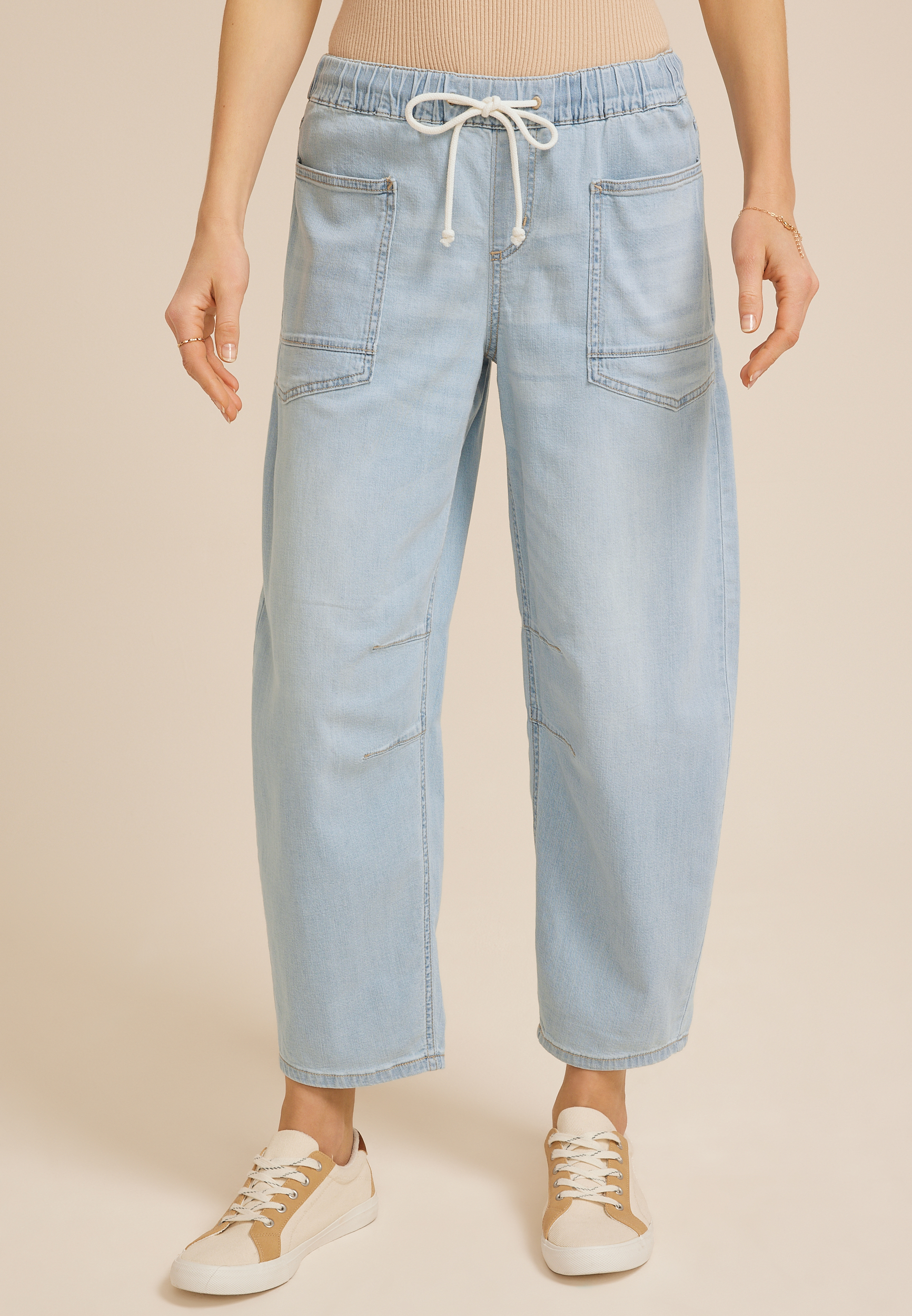 Mid Rise Pull On Knit Barrel Jean