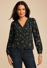 Floral Pleated V Neck Button Front Blouse, C1524, small