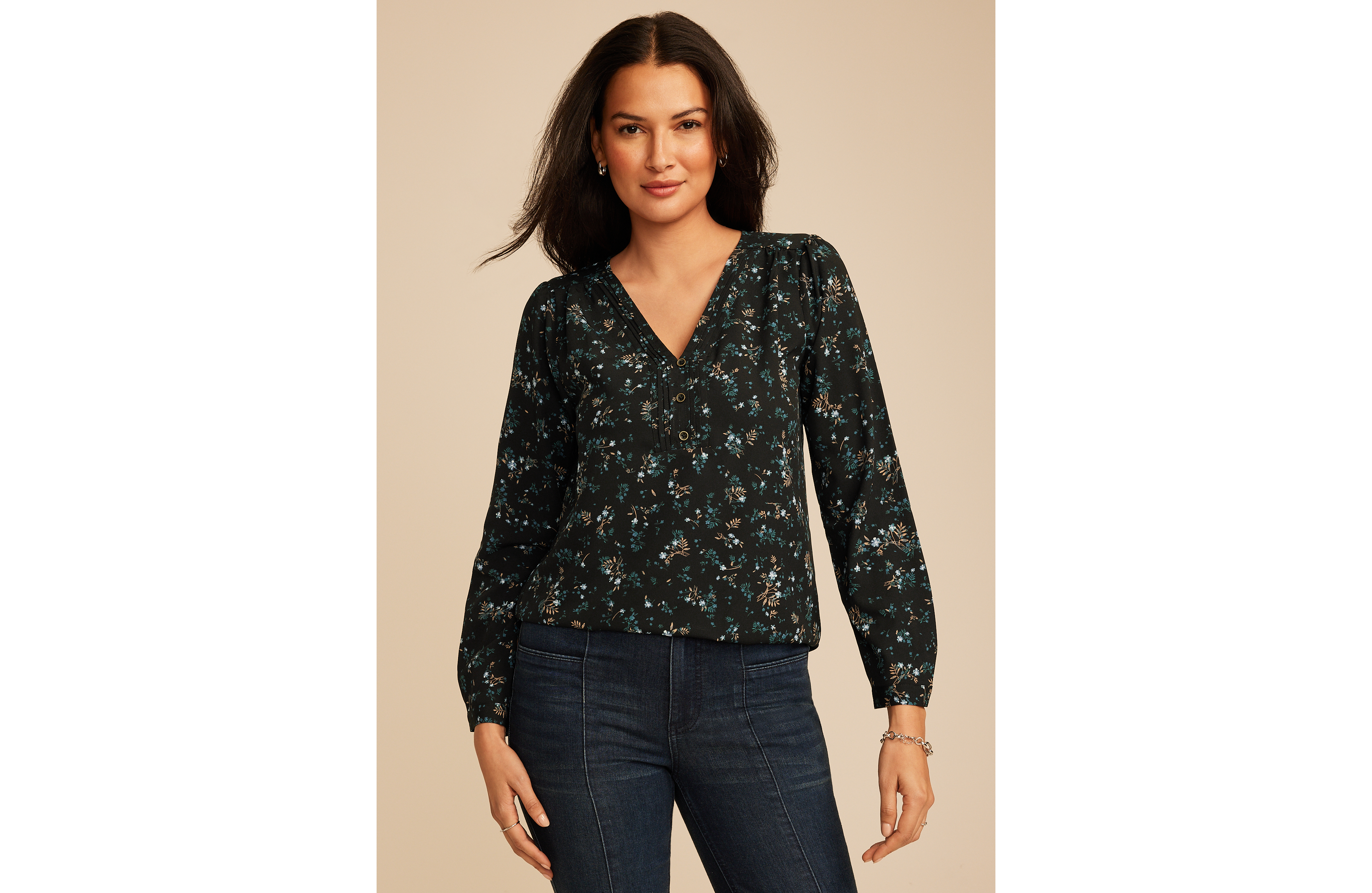 Floral Pleated V Neck Button Front Blouse