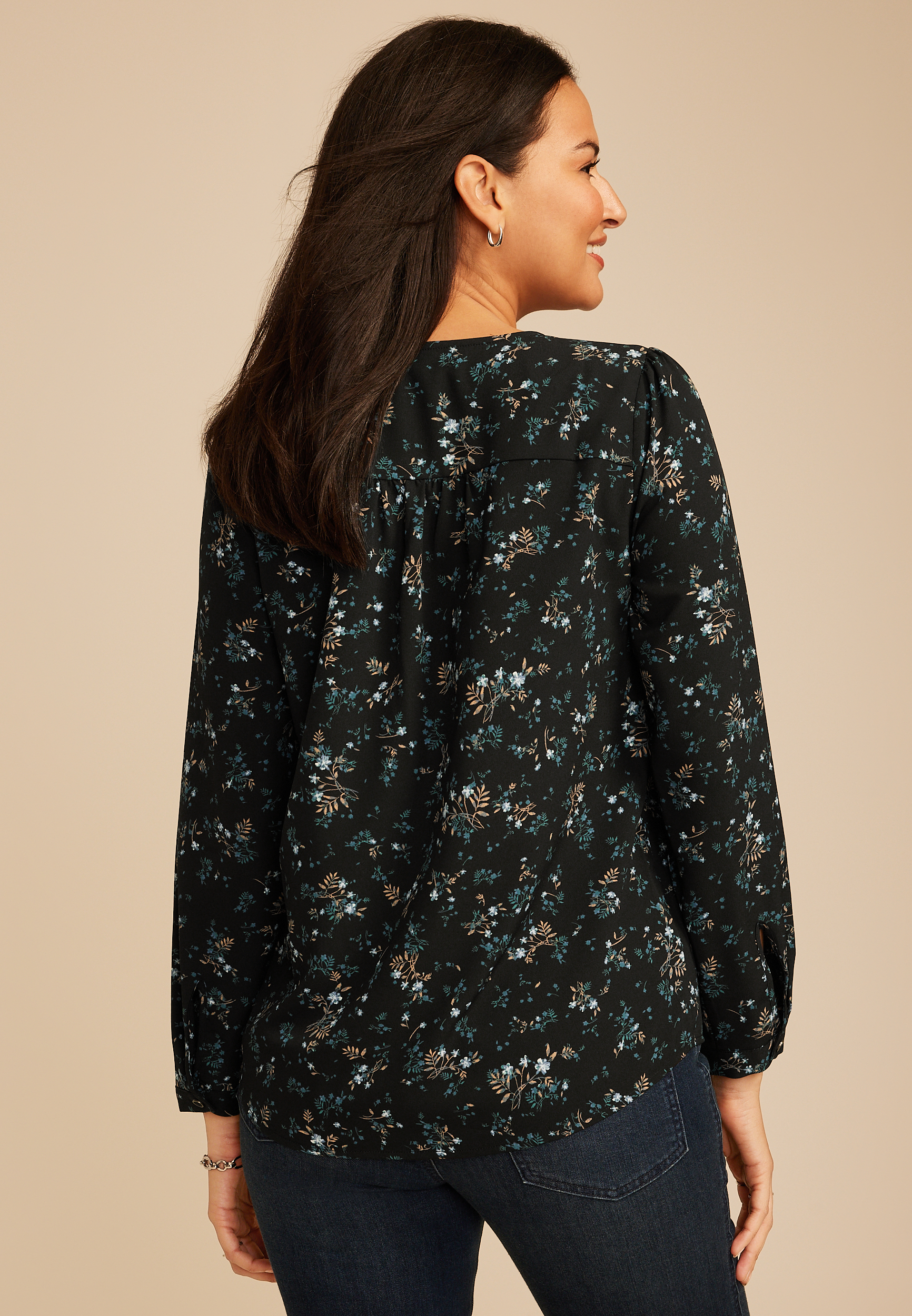 Floral Pleated V Neck Button Front Blouse, C1524, large