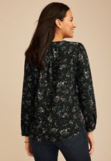 Floral Pleated V Neck Button Front Blouse, C1524, small