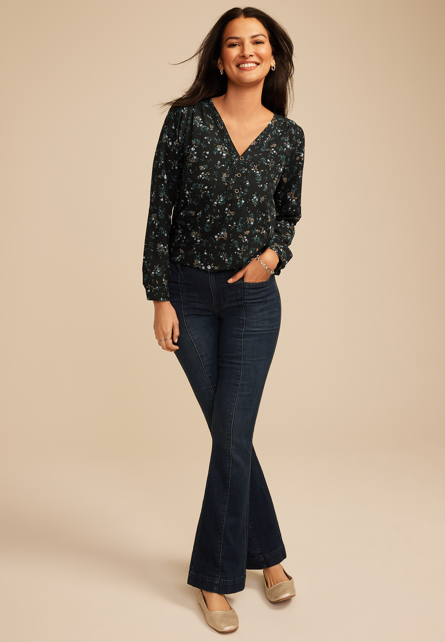 Floral Pleated V Neck Button Front Blouse, C1524, large