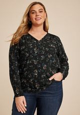 Plus Size Floral Pleated V Neck Button Front Blouse, C1524, small