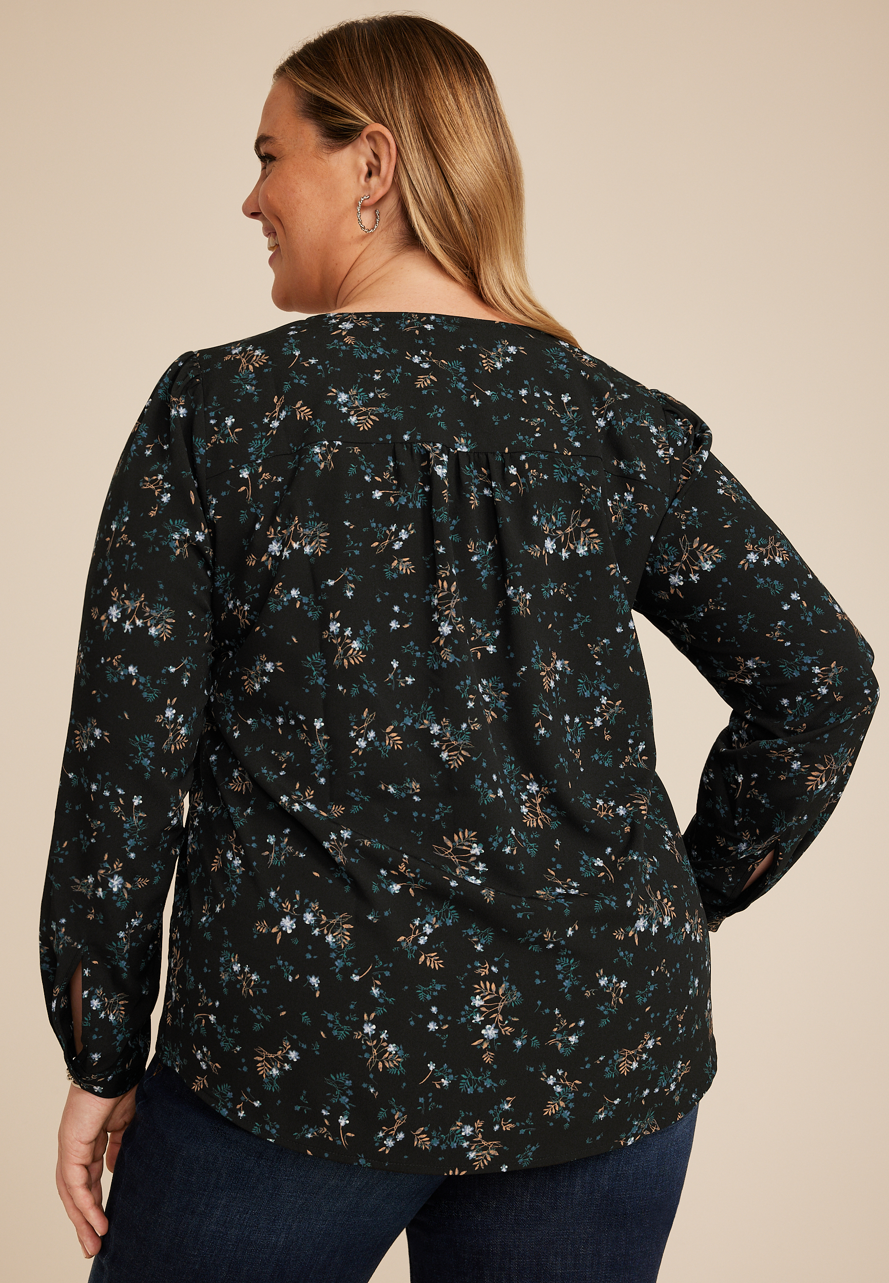 Plus Size Floral Pleated V Neck Button Front Blouse, C1524, large