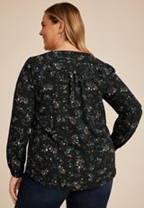 Plus Size Floral Pleated V Neck Button Front Blouse, C1524, small