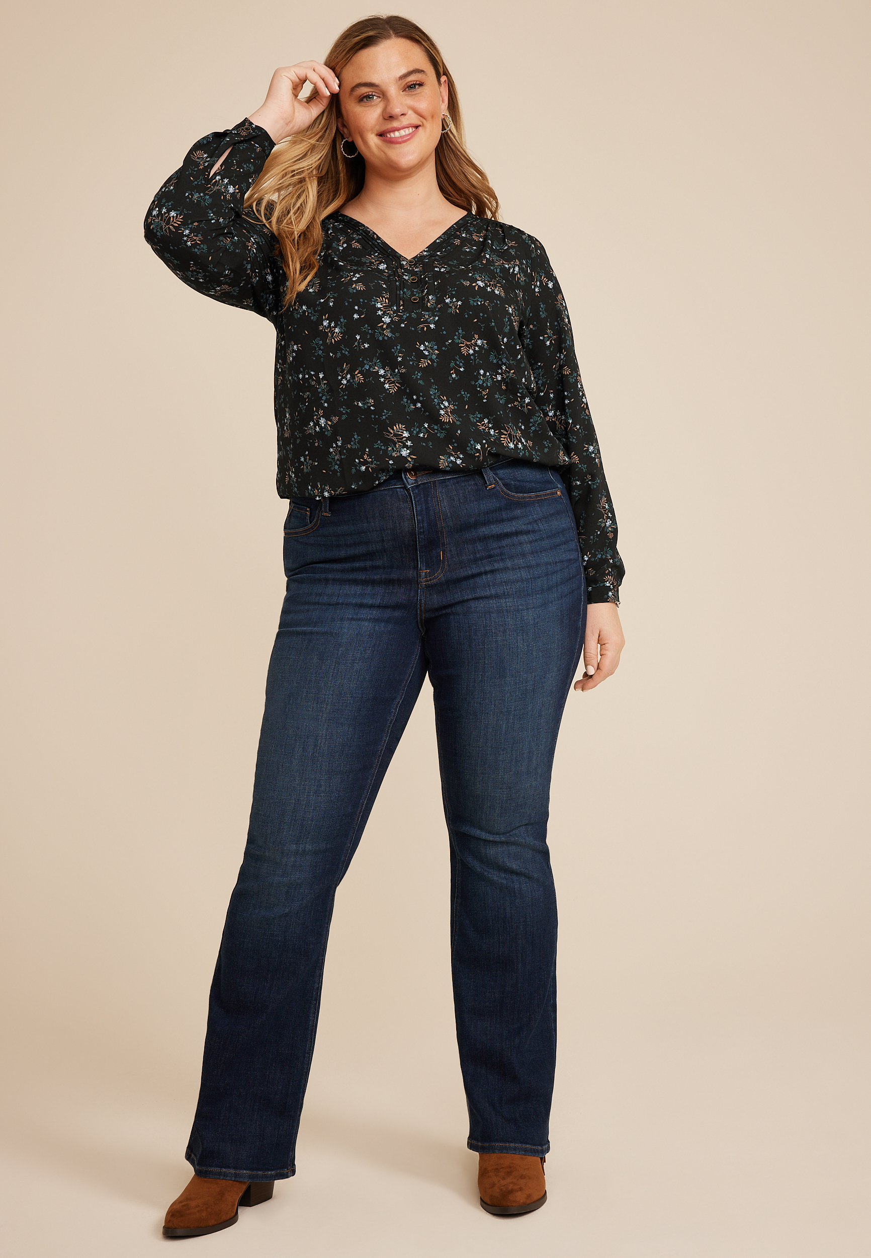 Plus Size Floral Pleated V Neck Button Front Blouse, C1524, large