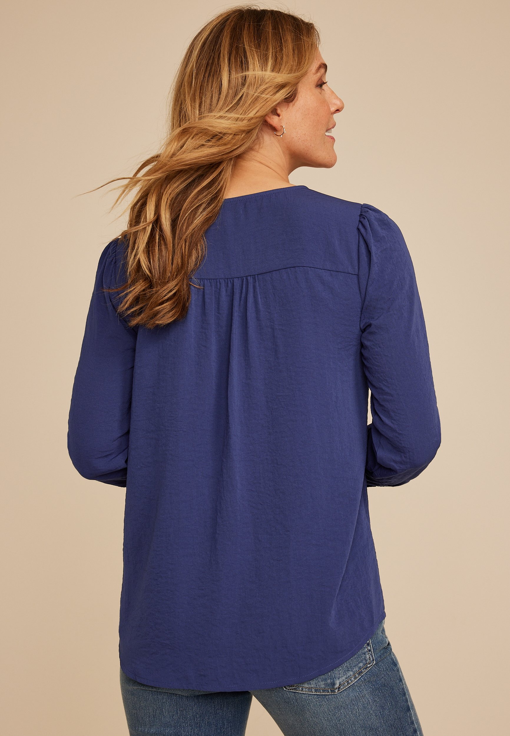 Pleated V Neck Button Front Blouse, C9486, large