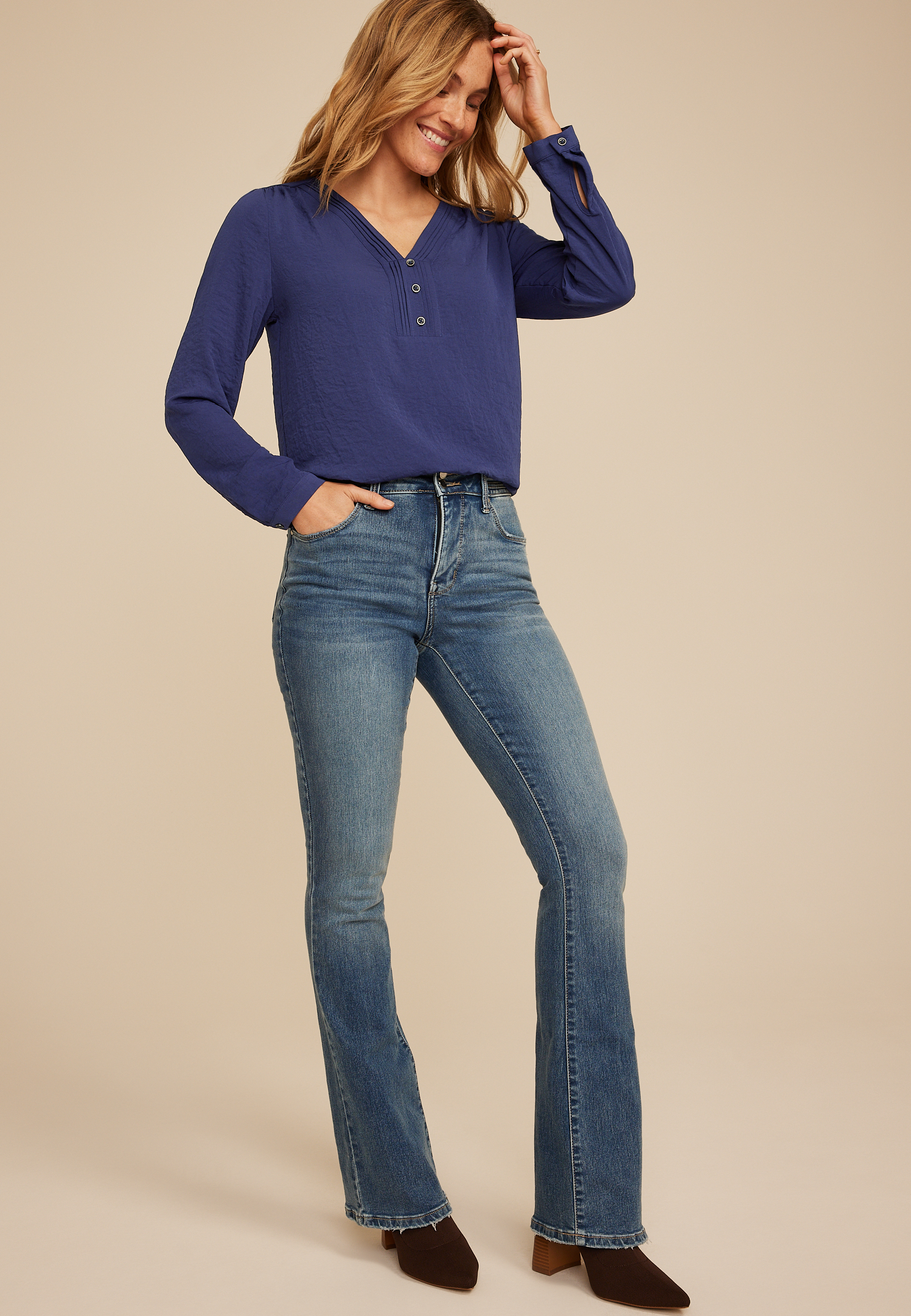 Pleated V Neck Button Front Blouse, C9486, large
