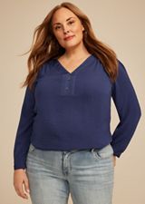 Plus Size Pleated V Neck Button Front Blouse, C9486, small
