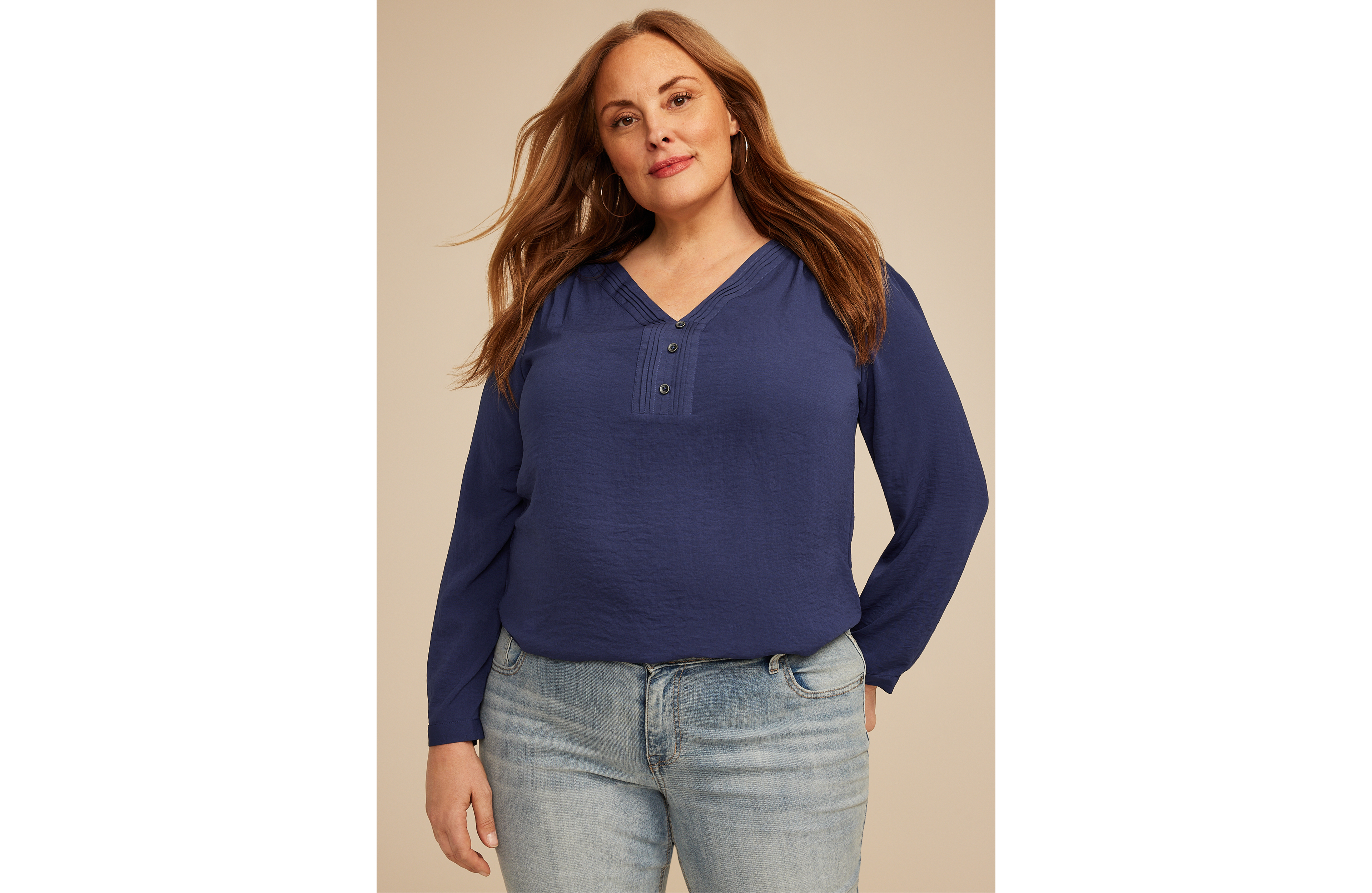 Plus Pleated V Neck Button Front Blouse