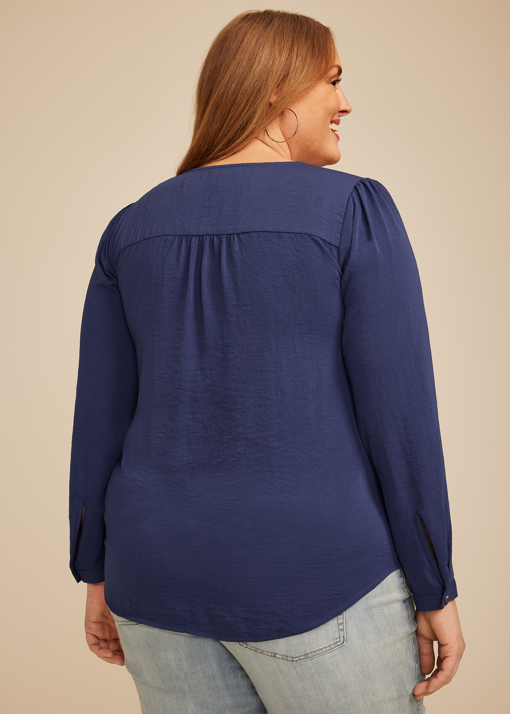 Plus Size Pleated V Neck Button Front Blouse, C9486, large