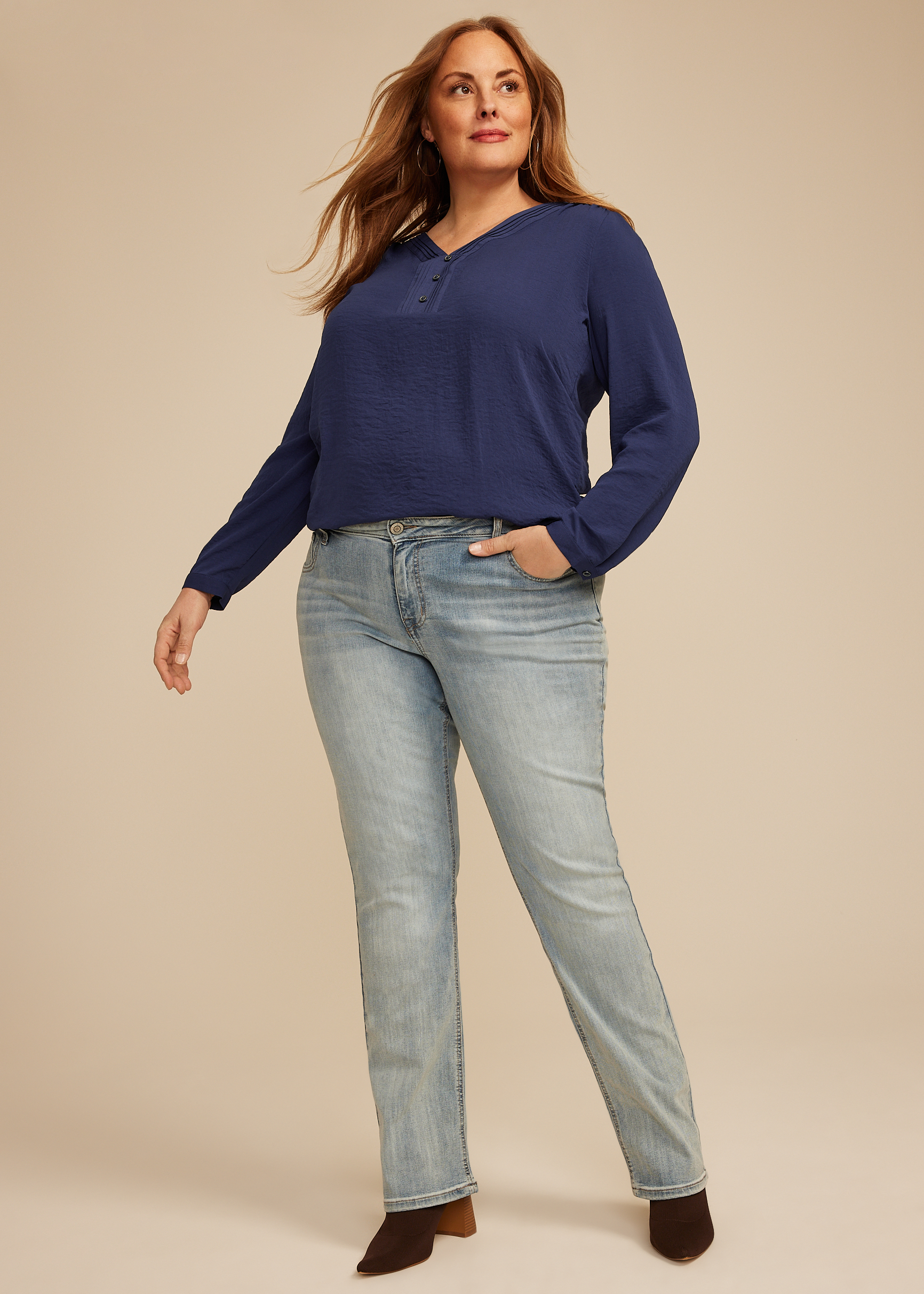 Plus Size Pleated V Neck Button Front Blouse, C9486, large