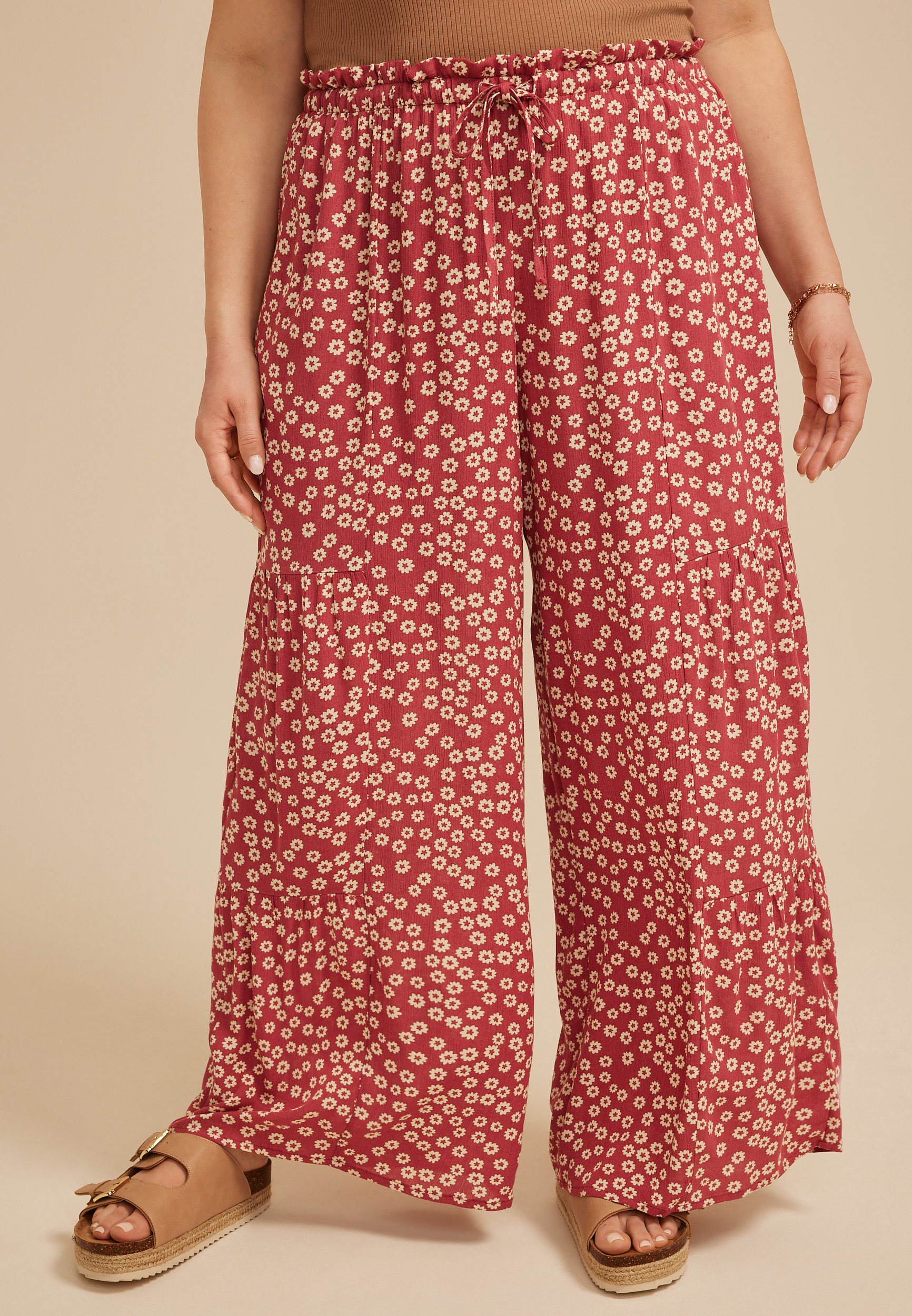 Plus Size Printed Palazzo High Rise Pant, EARTH RED COMBO, large