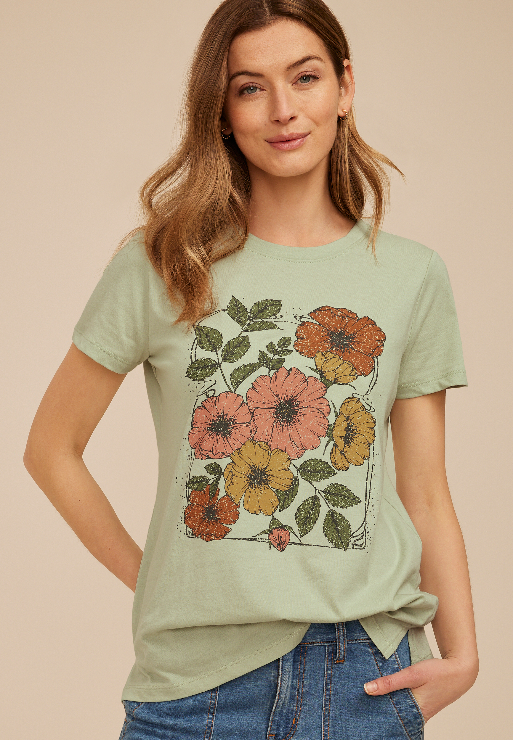 Vintage Floral Classic Fit Graphic Tee, SWAMP, large