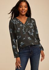 Floral Pleated V Neck Button Front Blouse, C9765, small