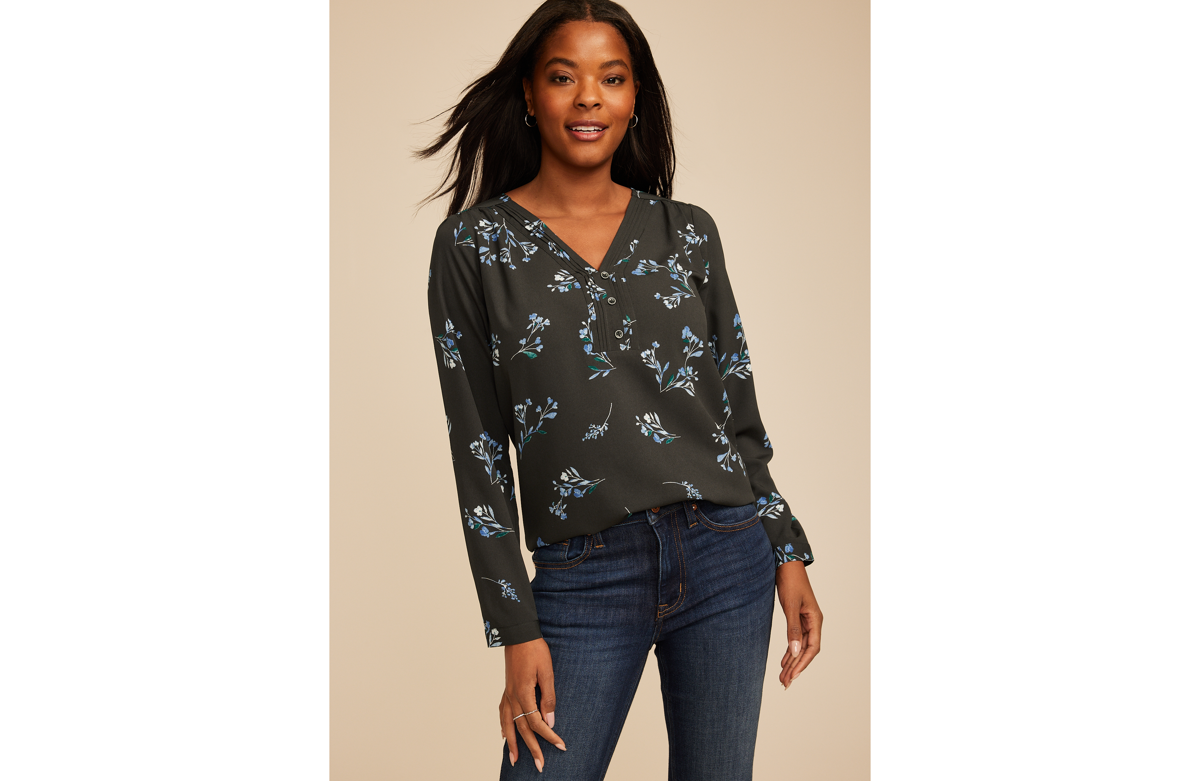 Floral Pleated V Neck Button Front Blouse