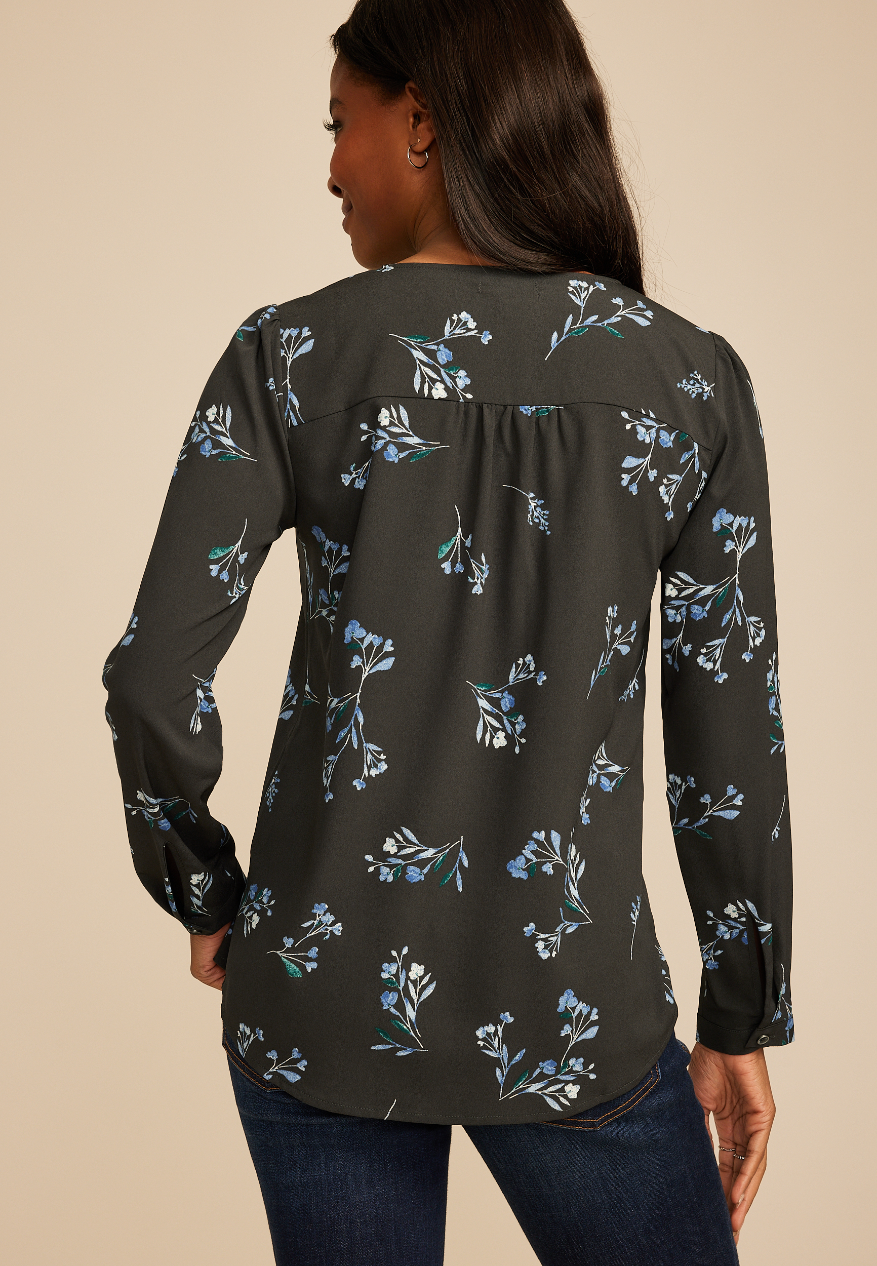 Floral Pleated V Neck Button Front Blouse, C9765, large