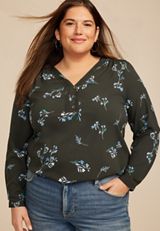 Plus Size Floral Pleated V Neck Button Front Blouse, C9765, small