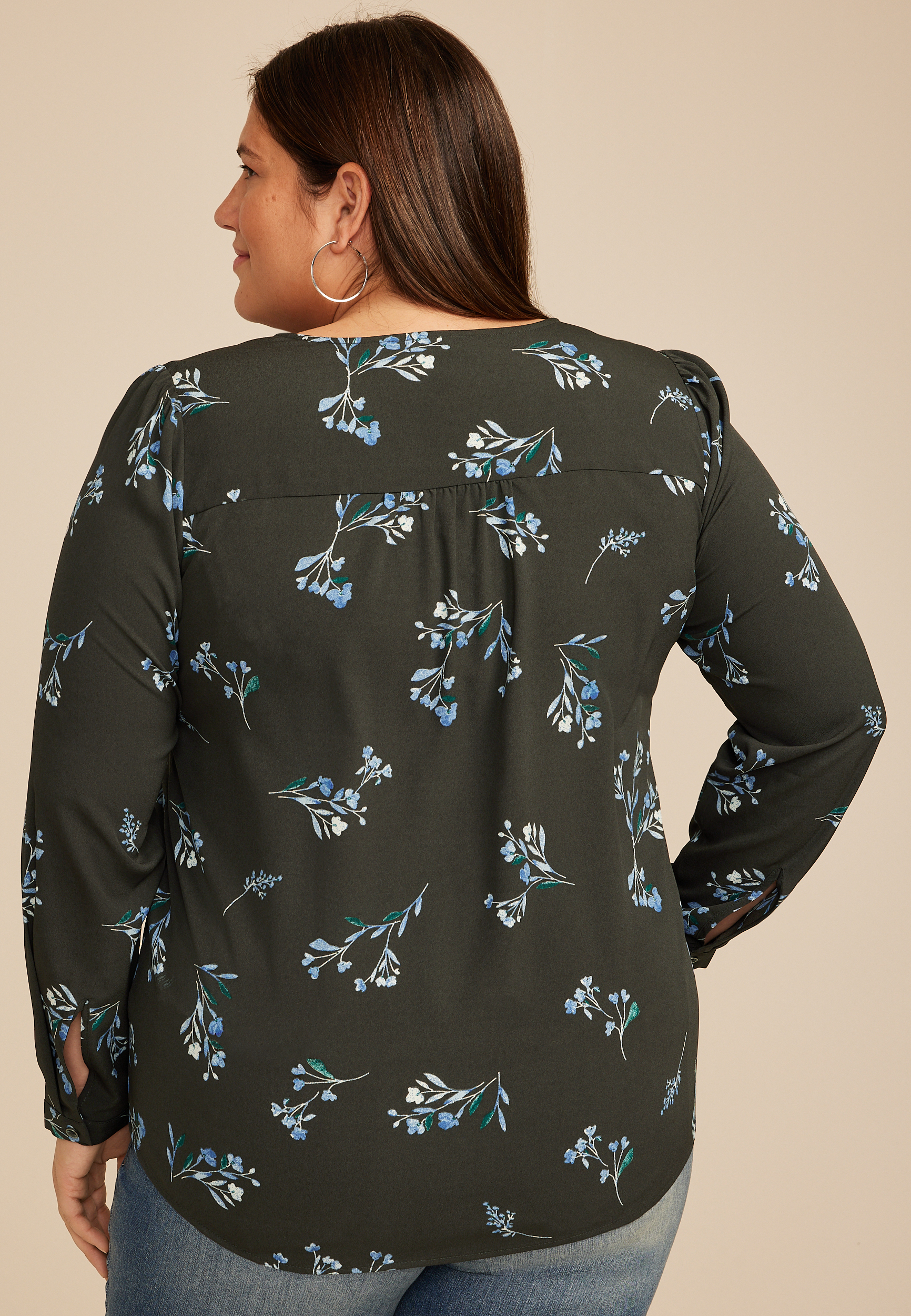 Plus Size Floral Pleated V Neck Button Front Blouse, C9765, large