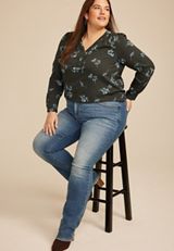 Plus Size Floral Pleated V Neck Button Front Blouse, C9765, small