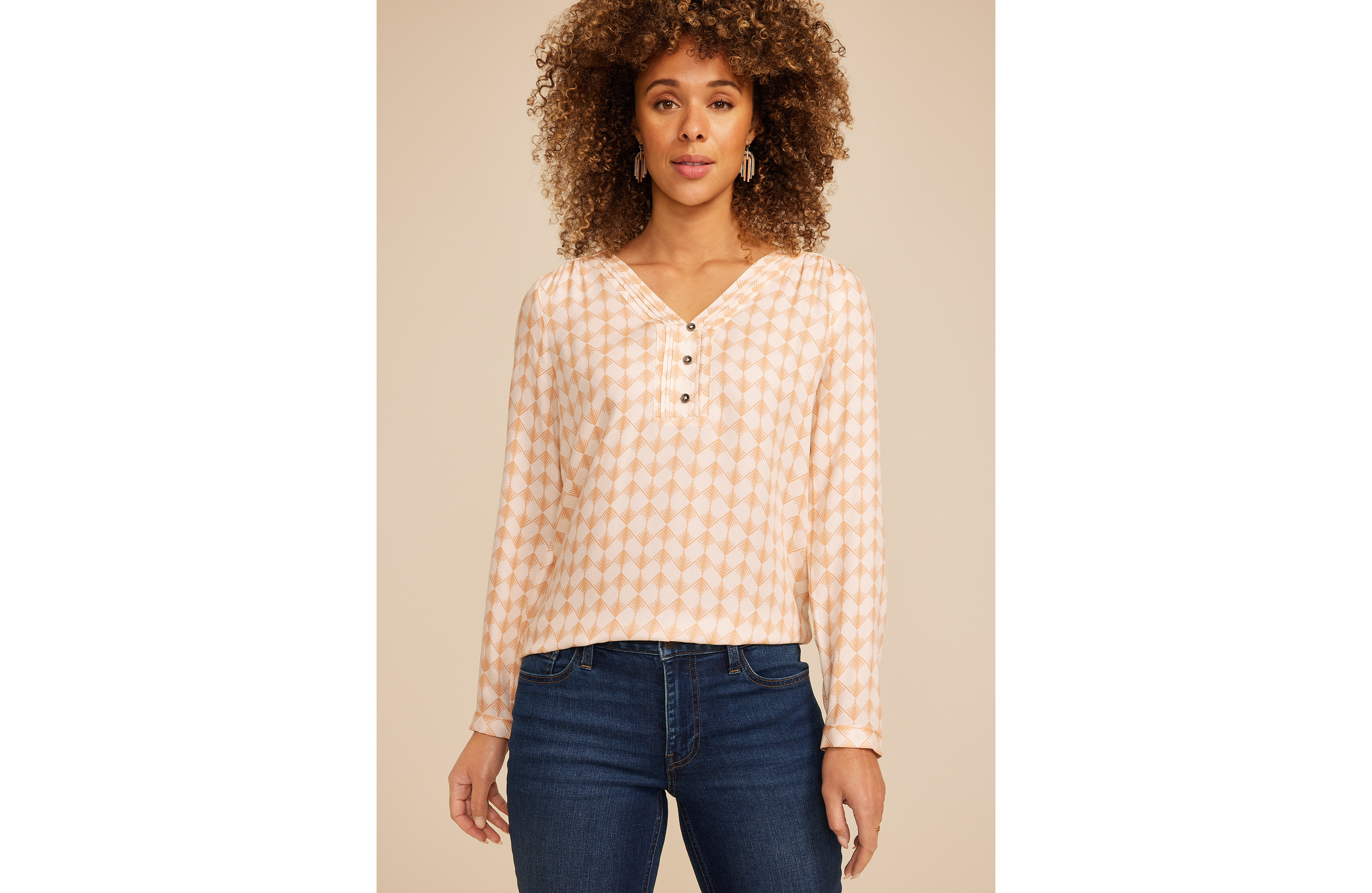 Pleated V Neck Button Front Blouse