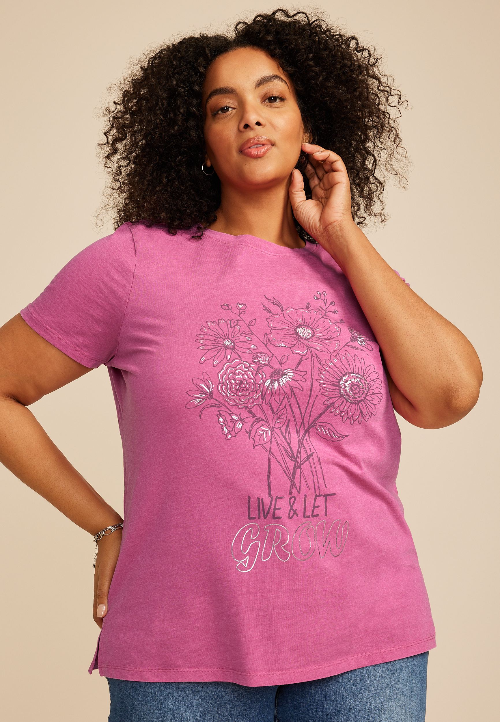 Plus Size Live And Let Grow Floral Classic Fit Graphic Tee