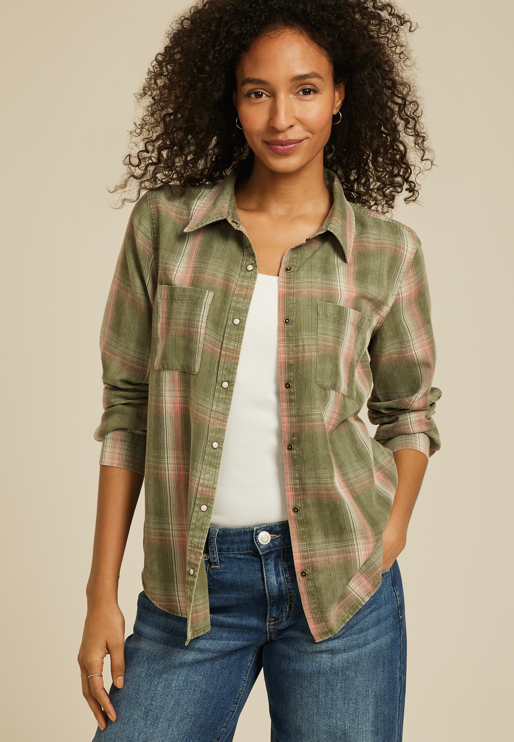 Washed Olive Plaid Button Down Shirt