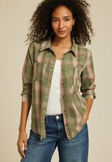 Washed Olive Plaid Button Down Shirt, C1829, small