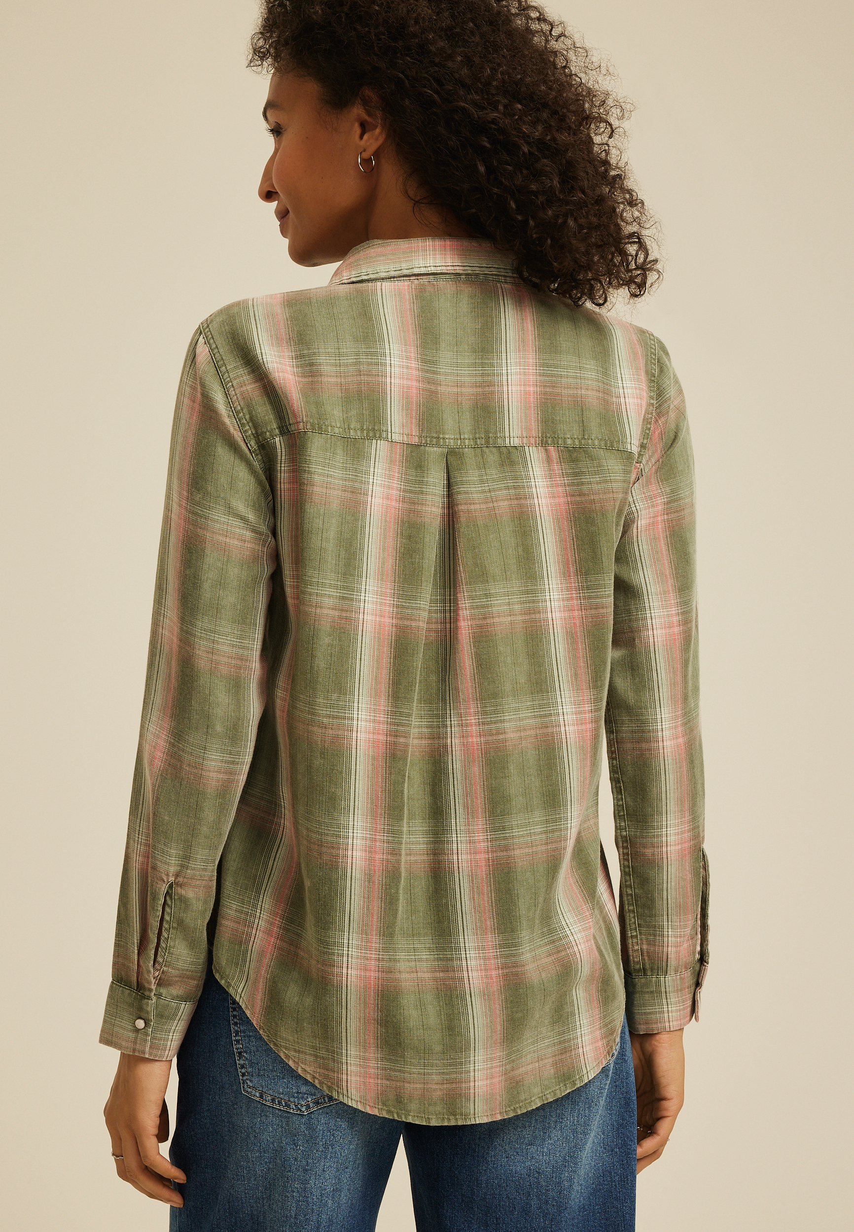 Washed Olive Plaid Button Down Shirt, C1829, large