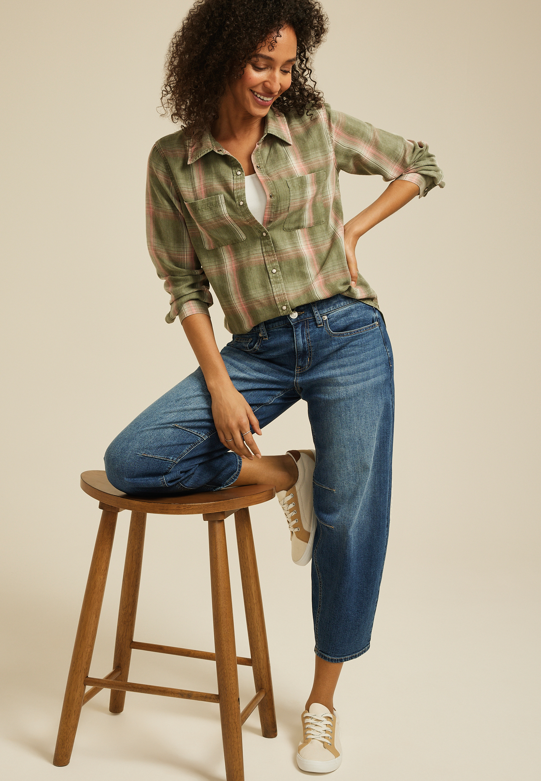 Washed Olive Plaid Button Down Shirt, C1829, large