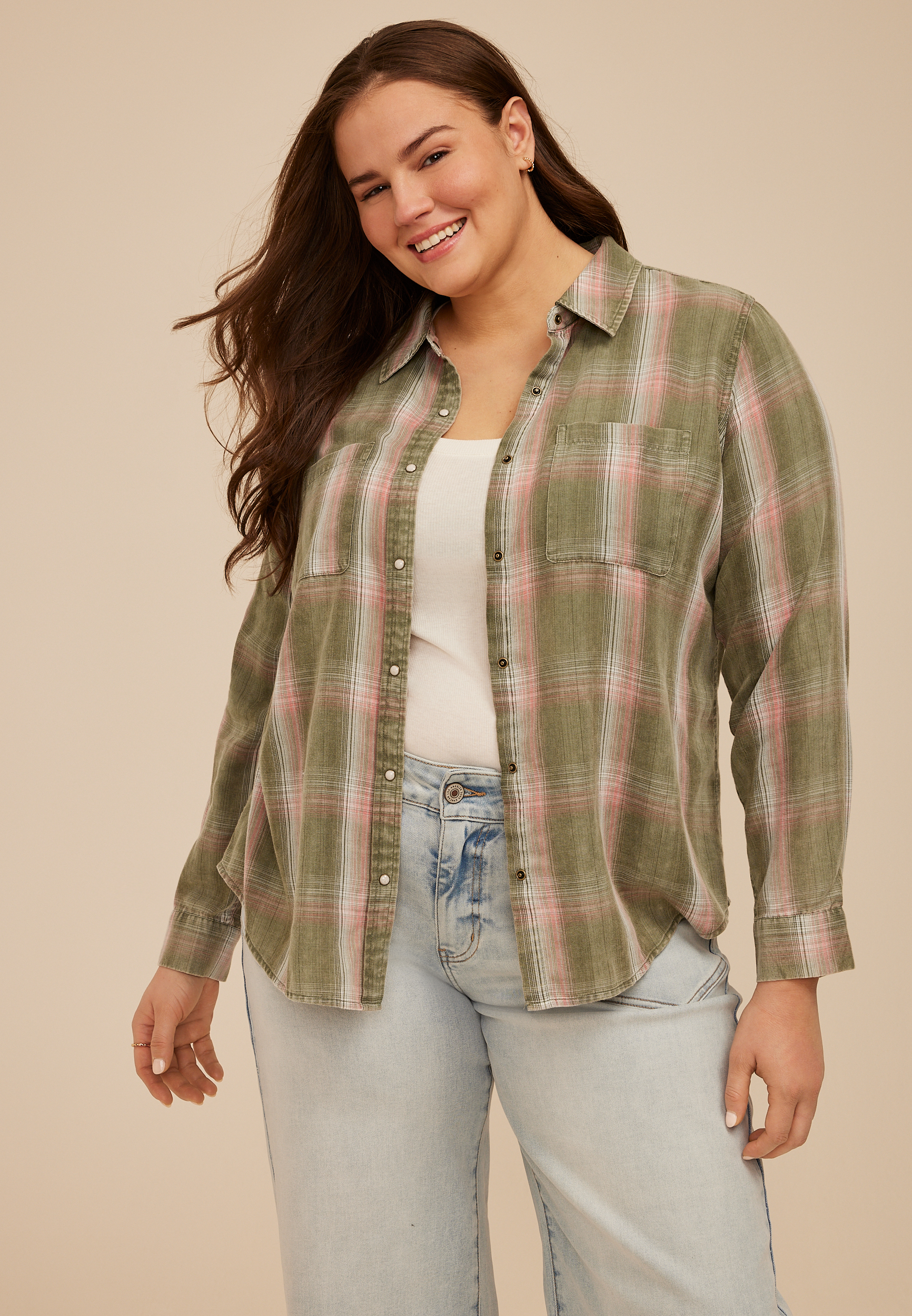 Plus Size Washed Olive Plaid Button Down Shirt