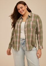 Plus Size Washed Olive Plaid Button Down Shirt, C1829, small