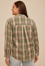 Plus Size Washed Olive Plaid Button Down Shirt, C1829, small