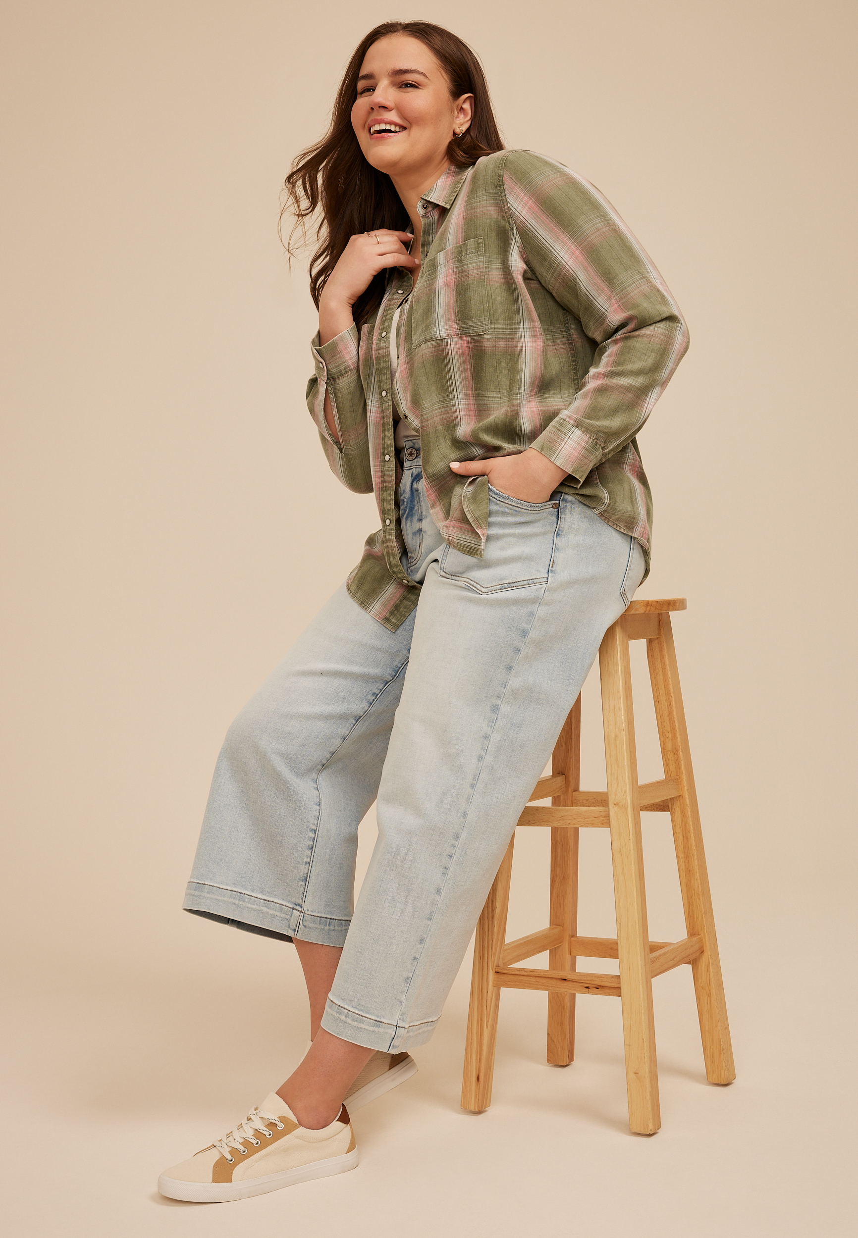 Plus Size Washed Olive Plaid Button Down Shirt, C1829, large
