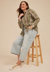 Plus Size Washed Olive Plaid Button Down Shirt, C1829, small