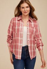 Washed Red Plaid Button Down Shirt, C3492, small