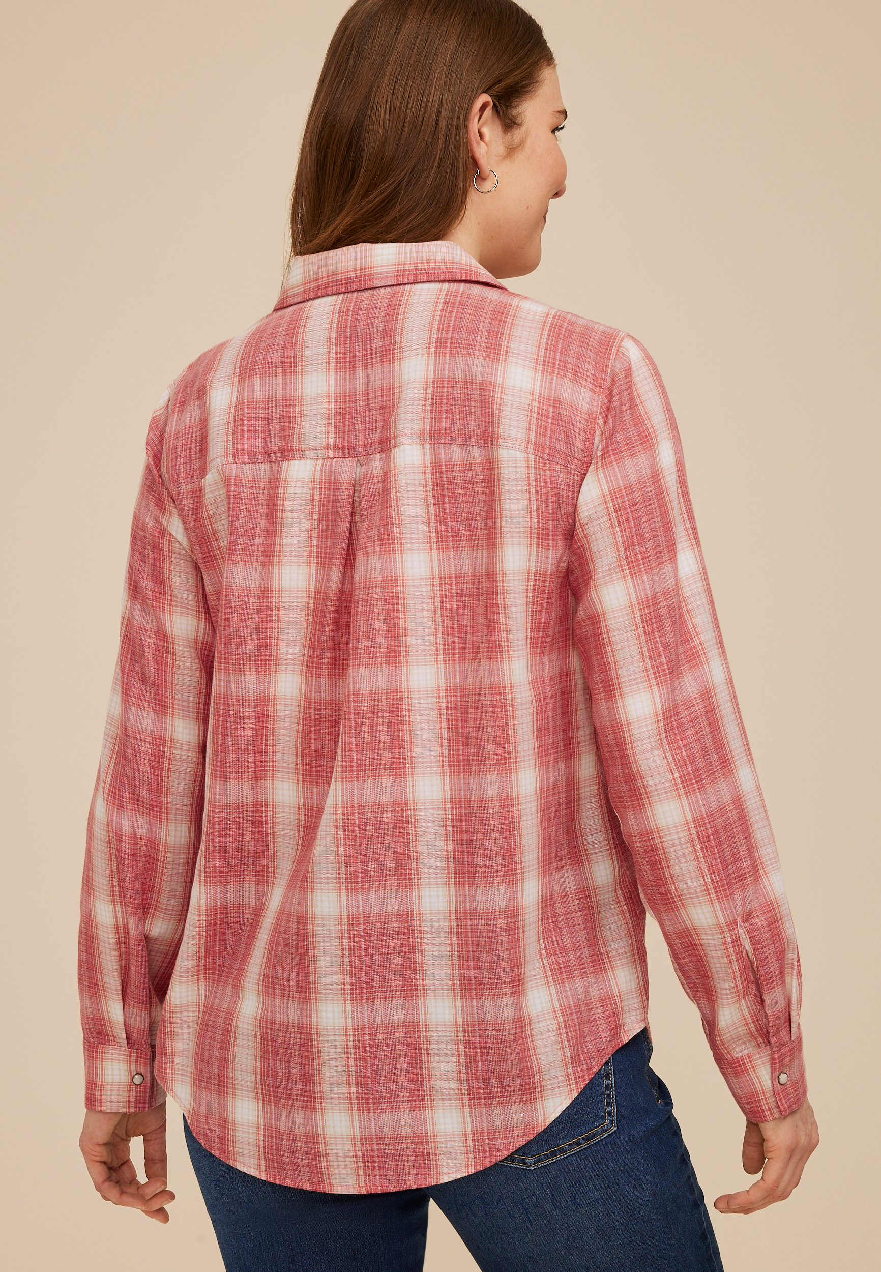 Washed Red Plaid Button Down Shirt, C3492, large