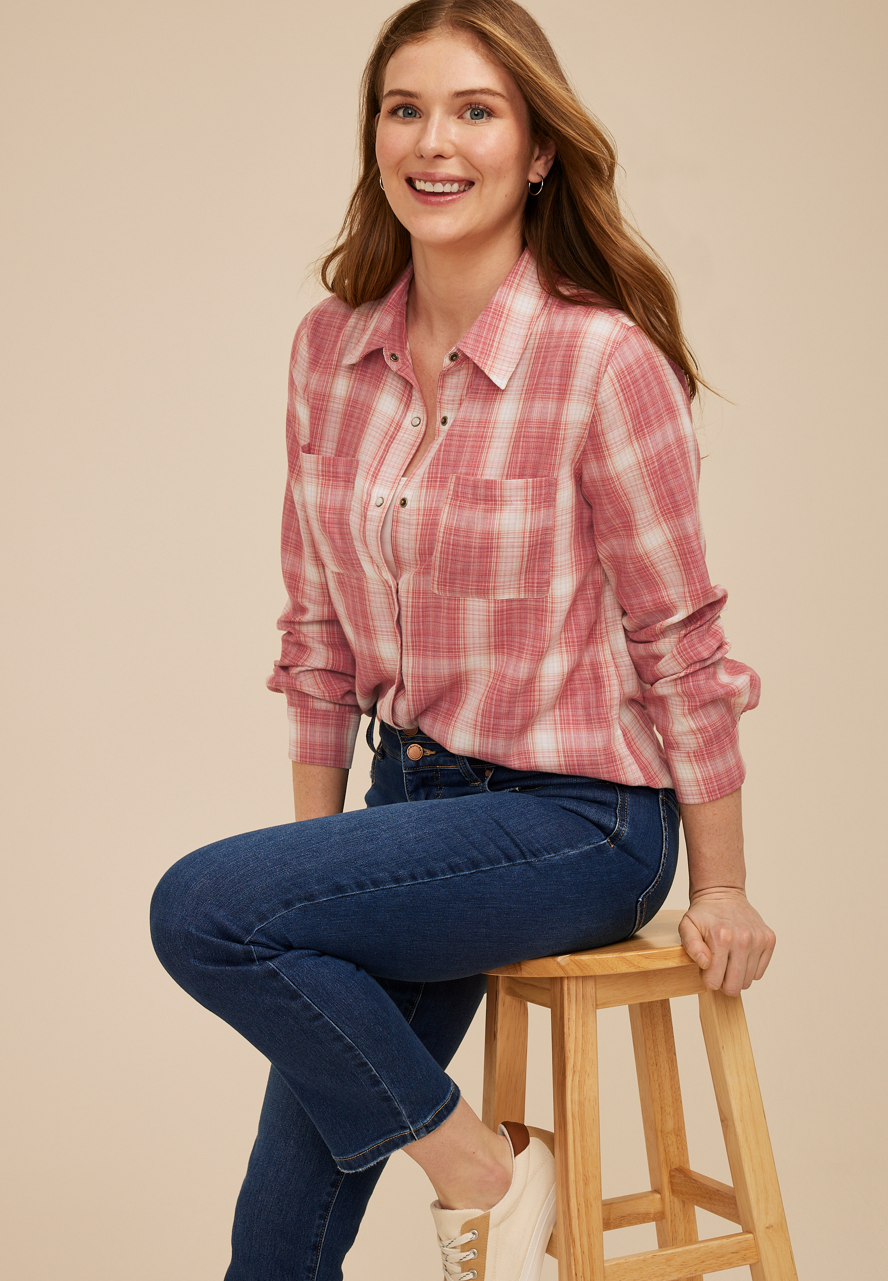 Washed Red Plaid Button Down Shirt, C3492, large
