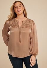 Plus Size Lace Yoke Satin Peasant Blouse, C727, small