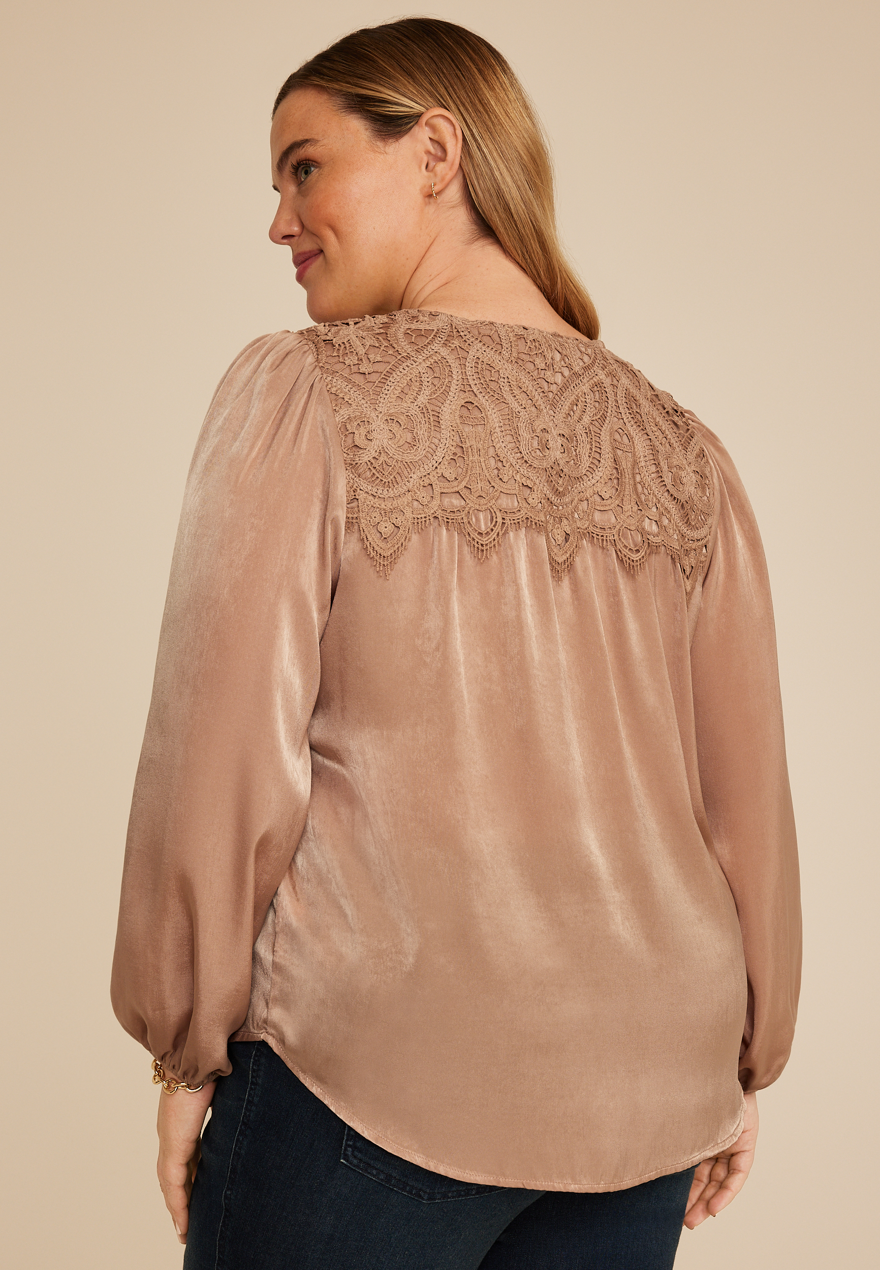 Plus Size Lace Yoke Satin Peasant Blouse, C727, large