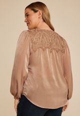 Plus Size Lace Yoke Satin Peasant Blouse, C727, small