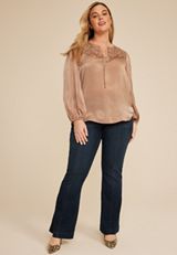 Plus Size Lace Yoke Satin Peasant Blouse, C727, small