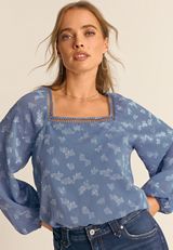Blue Jacquard Floral Lace Trim Blouse, C7902, small