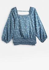 Blue Jacquard Floral Lace Trim Blouse, C7902, small