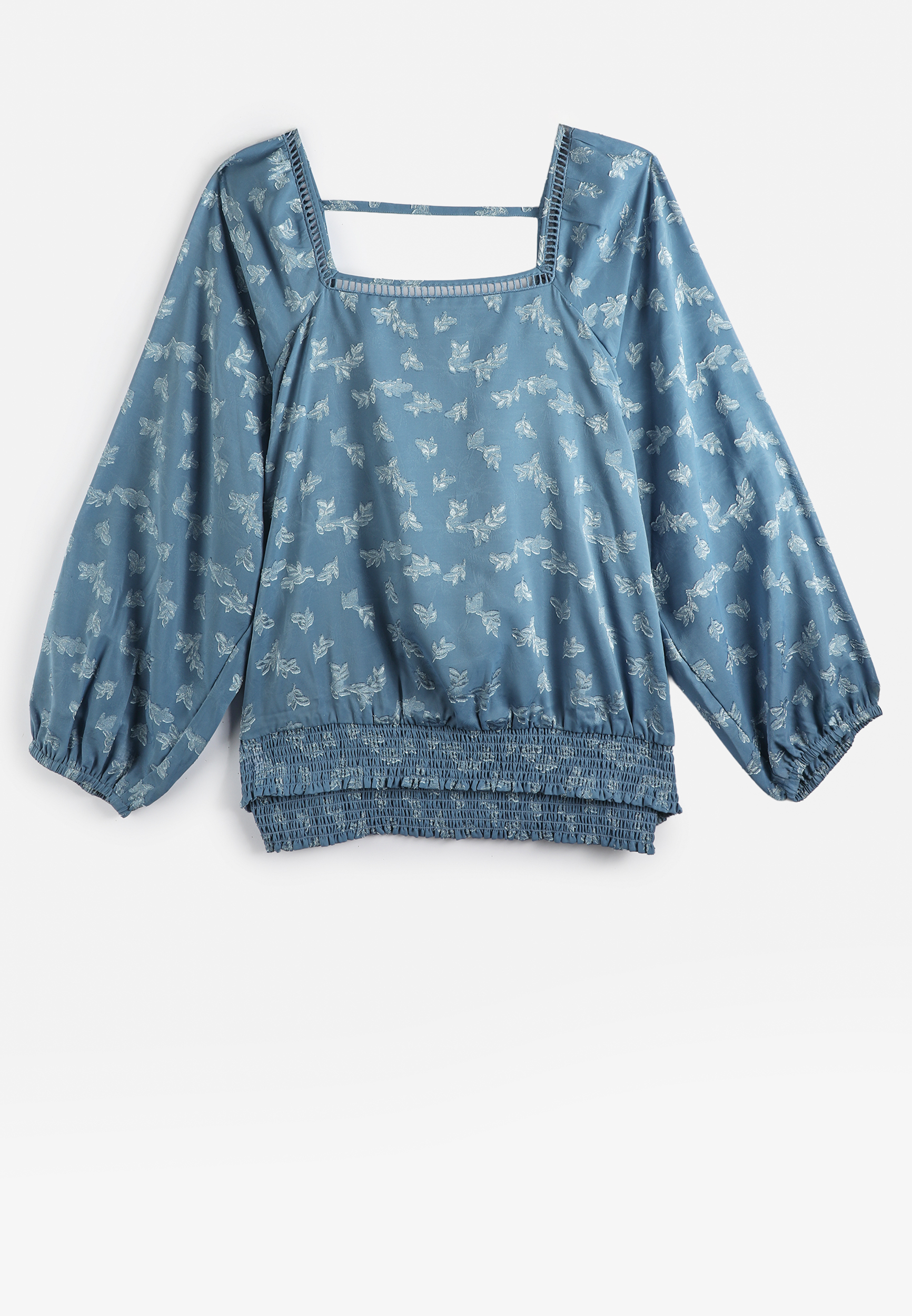 Plus Size Blue Jacquard Floral Lace Trim Blouse