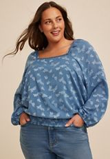 Plus Size Blue Jacquard Floral Lace Trim Blouse, C7902, small